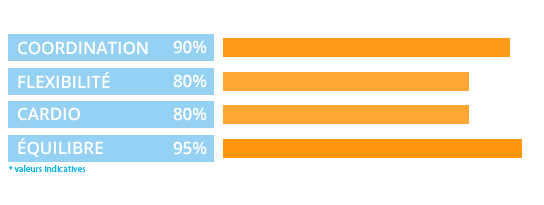 Coordination: 90% - Flexibilité et Cardio: 80% - Équilibre : 95%